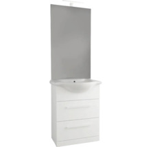 Bílé umyvadlo se zrcadlem a třemi zásuvkami do koupelny