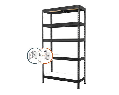Kovový regál Praktik 1800 x 900 x 600 mm, 5 polic, černý, VRRVV1800906005C0001 Černý zásuvný regál s pěti policemi