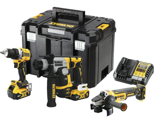 Aku combo sada nářadí 18V DeWalt DCK355P2T, 2x5,0 Ah XR, bezuhlíkový motor Kufr na nářadí DeWalt s akumulátorovým vrtacím kladivem, akumulátorovým vrtacím šroubovákem, akumulátorovou úhlovou bruskou a nabíječkou