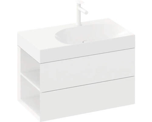 Bílá skříňka pod umyvadlo s umyvadlem a baterií