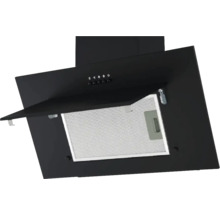 Černý odsavač par s otevřenou klapkou a ovládacími tlačítky