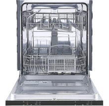 Otevřená myčka na nádobí s koši na nádobí