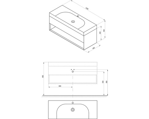 Technický výkres skříňky pod umyvadlo s rozměry