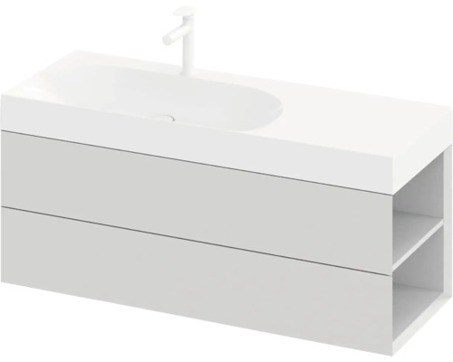 Umyvadlová skříňka se dvěma zásuvkami, umyvadlem na desku a odkládací přihrádkou