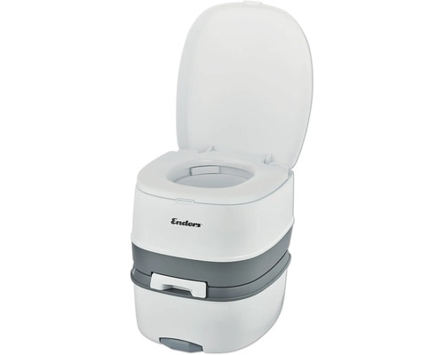 Přenosná toaleta pro kempování a volný čas s otevřeným víkem.