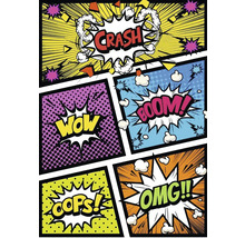 Design v komiksovém stylu s bublinami a výrazy jako Crash, Boom, Wow, Oops a OMG