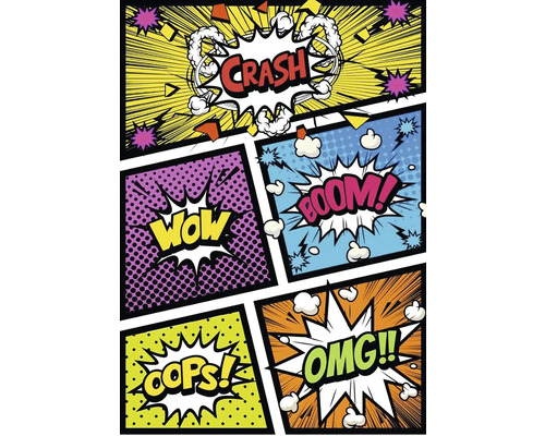 Design v komiksovém stylu s bublinami a výrazy jako Crash, Boom, Wow, Oops a OMG