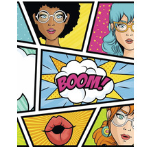Komiksová ilustrace s ženami, rty a slovem Boom