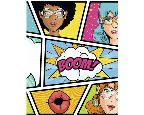 Komiksová ilustrace s ženami, rty a slovem Boom