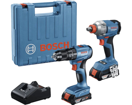 Sada akumulátorového vrtacího šroubováku a rázového utahováku Bosch s nabíječkou a kufříkem