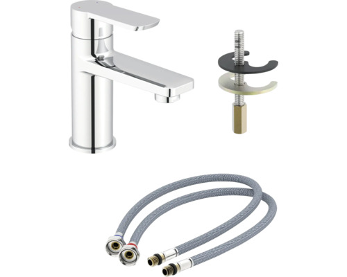 Umyvadlová baterie s upevňovacím materiálem a flexibilními připojovacími hadicemi