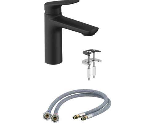 Černá umyvadlová baterie s montážním příslušenstvím a připojovacími hadicemi