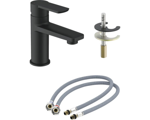 Umyvadlová baterie v matném provedení s upevňovacím materiálem a flexibilními připojovacími hadicemi