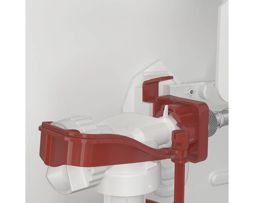 Detailní pohled na splachování toalety s červeným držákem