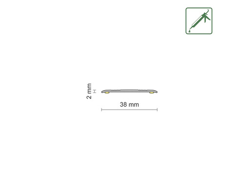 Technický nákres profilu o rozměrech 2 mm výška a 38 mm šířka. Symbol pro montážní lepidlo.