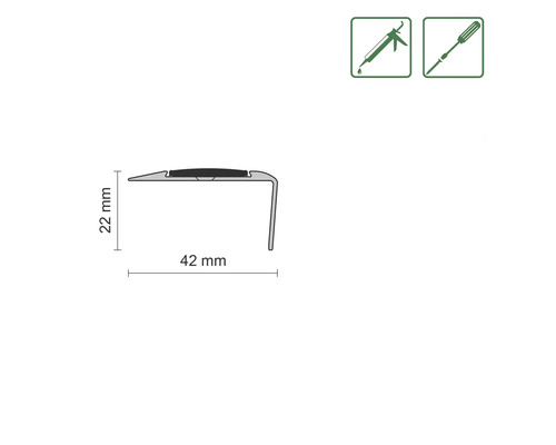 Profil o rozměrech 22 mm a 42 mm, vhodný pro montáž lepidlem nebo šrouby.
