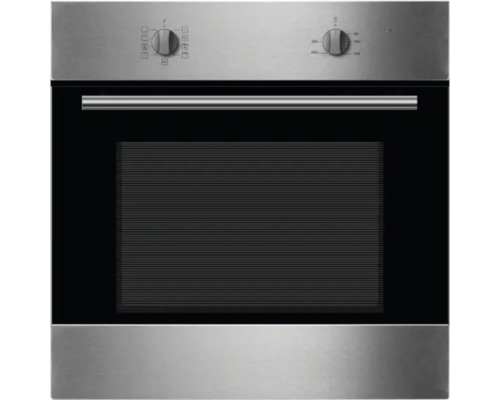 Vestavná trouba z nerezové oceli s černými skleněnými dvířky a otočnými knoflíky pro ovládání.