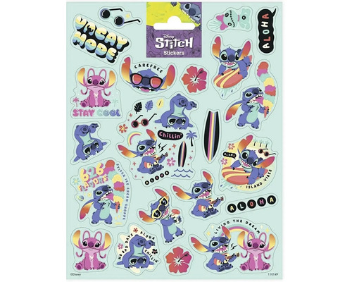 Sada samolepek Disney Stitch s různými motivy Stitch, jako je Stitch se slunečními brýlemi, kytarou nebo surfovacím prknem