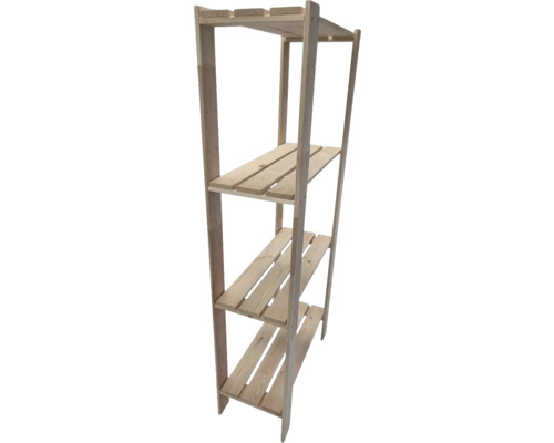 Dřevěný regál se čtyřmi policemi do interiéru