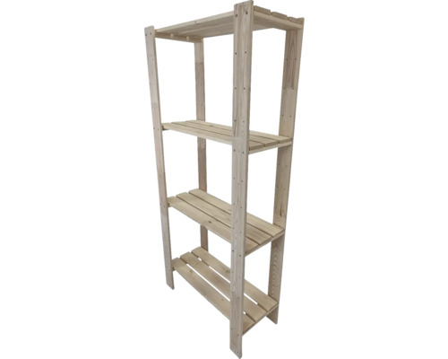 Dřevěný regál se čtyřmi policemi do interiéru