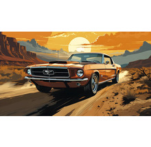 Oranžový Ford Mustang na pouštním pozadí