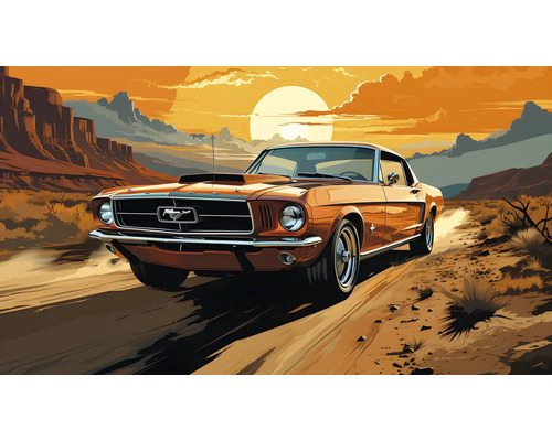 Oranžový Ford Mustang na pouštním pozadí