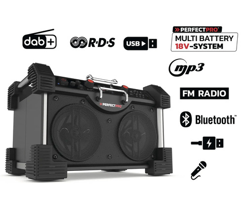 Stavební rádio Perfectpro s digitálním rádiem, FM rádiem, USB portem a Bluetooth