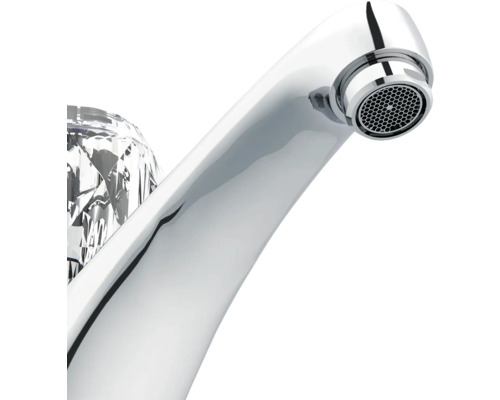 Lesklá kovová vodovodní baterie s křišťálově podobnou rukojetí