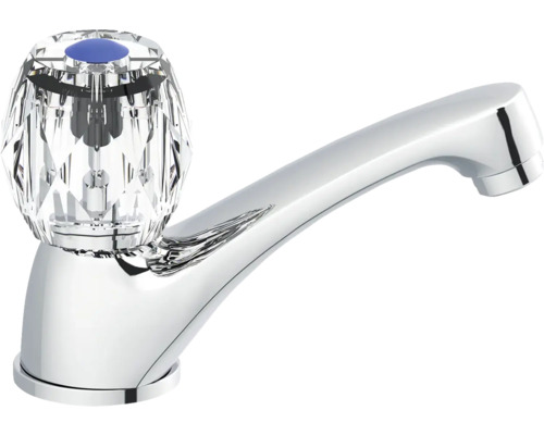 Vodovodní kohoutek s průhlednou, fasetovanou rukojetí a chromovaným výtokem