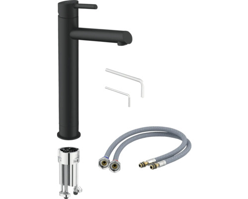 Umyvadlová baterie v černé barvě s instalačním materiálem