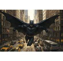 Batman letí nad rušnou ulicí ve městě.