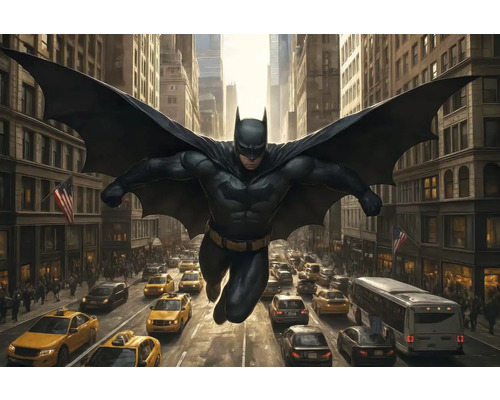 Batman letí nad rušnou ulicí ve městě.