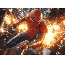 Akční figurka Spidermana v dynamické póze před rozmazaným pozadím