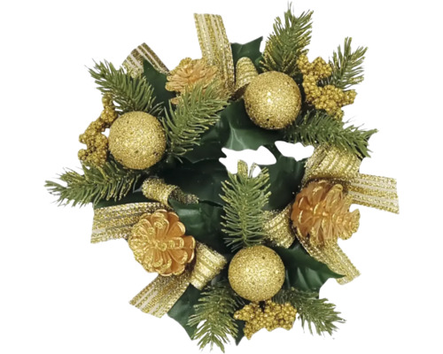 Vánoční věnec s ozdobami plastový Ø 20 cm zlatý Vánoční věnec na dveře se zlatými koulemi a mašlemi