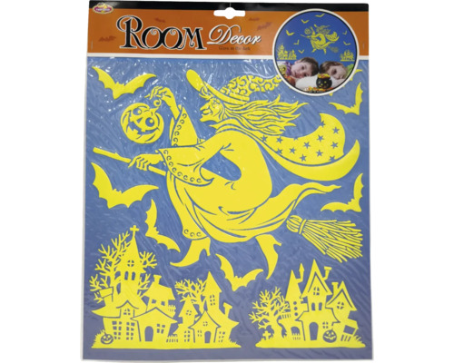 Fosforeskující dekorace na stěnu Halloween 30 x 38 cm Svítící okenní dekorace pro Halloween s čarodějnicemi, netopýry a domy pro dekoraci pokoje