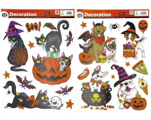 Dekorační fólie na okno Halloween mazlíčci, různé druhy Halloweenské okenní samolepky s motivy koček a psů