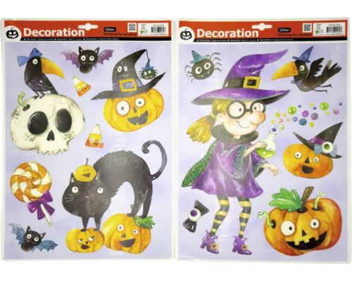 Dekorační fólie na okno Halloween, různé druhy Dva archy halloweenských samolepek na okna s třpytkami
