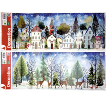 Obrázky na okno se zimní vesnicí, stromy, jeleny a liškami