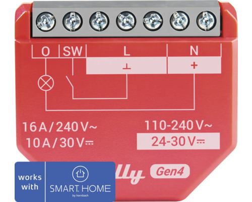 Spínací modul Shelly 1PM Gen4 1kanálový ovladač scény - kompatibilní se SMART HOME by hornbach Spínací aktor Shelly 1 se schématem zapojení a znakem Smart Home by Hornbach