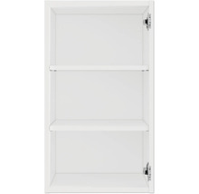 Vnitřní pohled na bílou koupelnovou skříňku se dvěma policemi a kováním