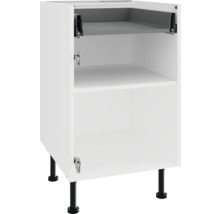 Bílá spodní kuchyňská skříňka s policemi a černými nohami