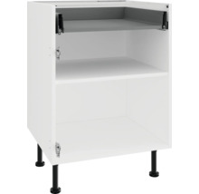 Bílá spodní skříňka se dvěma policemi a černými nohami.