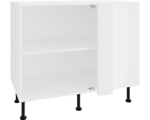 Bílá spodní skříňka s otevřenými dvířky a policemi