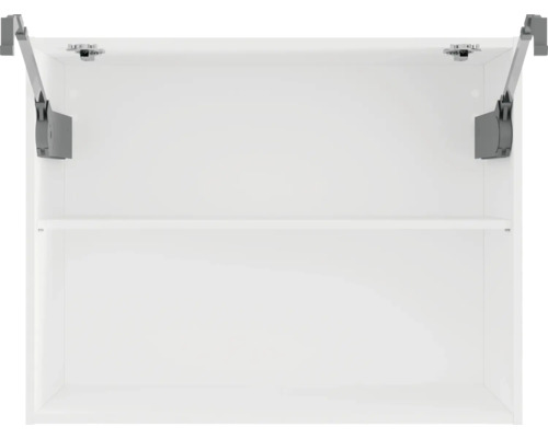 Bílá nástěnná skříňka s jednou policí a otevřenými dvířky