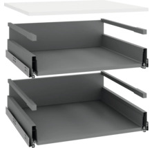 Dvě šedé zásuvkové vložky s výsuvnými kolejnicemi a bílá stolní deska.