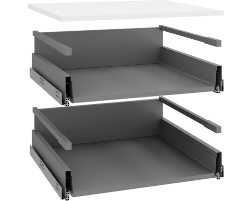Korpus podlahový paket Piccante Smart 60 × 55,5 × 87 cm antracit matný Dvě šedé zásuvkové vložky s výsuvnými kolejnicemi a bílá stolní deska.