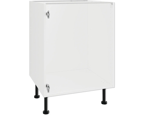 Bílá kuchyňská spodní skříňka s černými nohami.