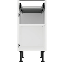 Bílá spodní skříňka se dvěma otevřenými přihrádkami a černými nohami