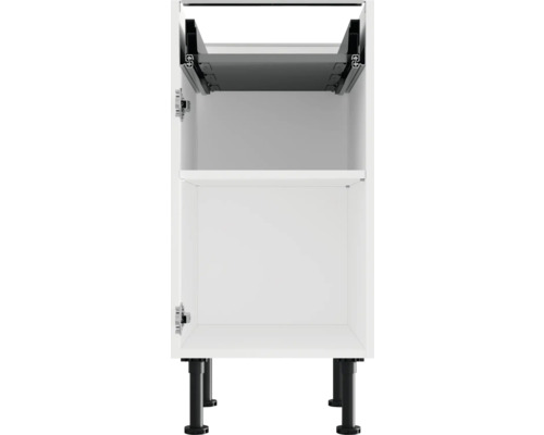 Bílá spodní skříňka se dvěma otevřenými přihrádkami a černými nohami