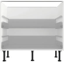 Bílá kuchyňská spodní skříňka s nastavitelnýma nohama.